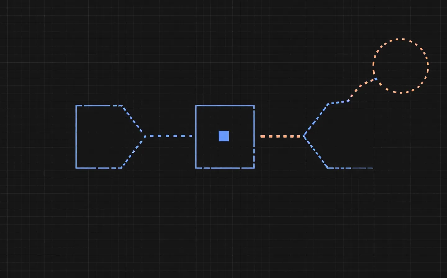 Pixel-art diagram of a three-residue peptide sequence as three bitmap cells linked by dotted trails around a central blue copper ion